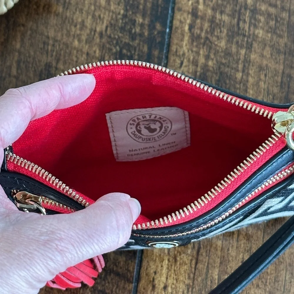 Spartina 449 | Linen & Leather Wristlet in a Cream, Black & Red Geometric Print